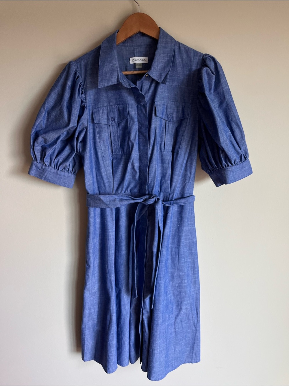 Calvin Klein Women's Blue 100% Cotton Button Front Puffed Sleeve Dress Size 6